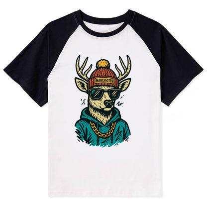 New Hampshire White-tailed Deer wearing Manchester beanie with pom pom - Contrast Raglan T-shirt - Black