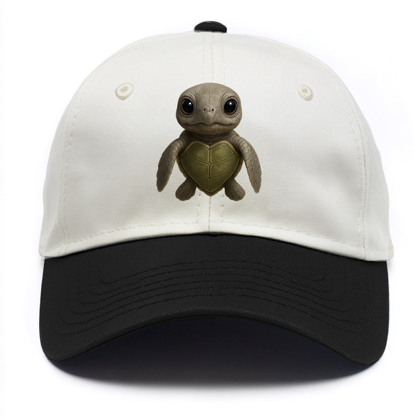 Baby Olive Ridley Turtle - olive green shell, heart-shaped carapace, bright eyes, - Two Tone Cap - Black