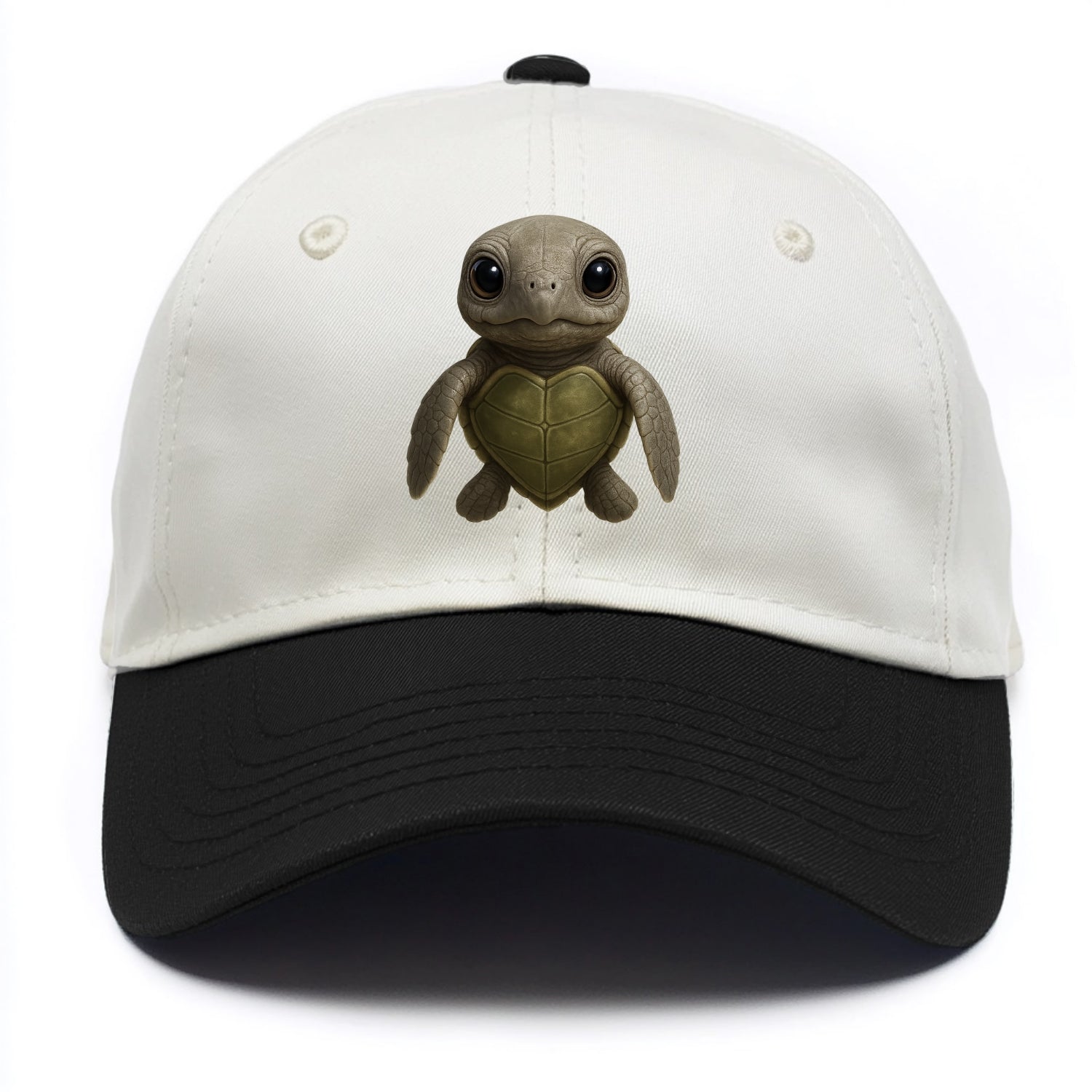 Baby Olive Ridley Turtle - olive green shell, heart-shaped carapace, bright eyes, - Two Tone Cap - Black