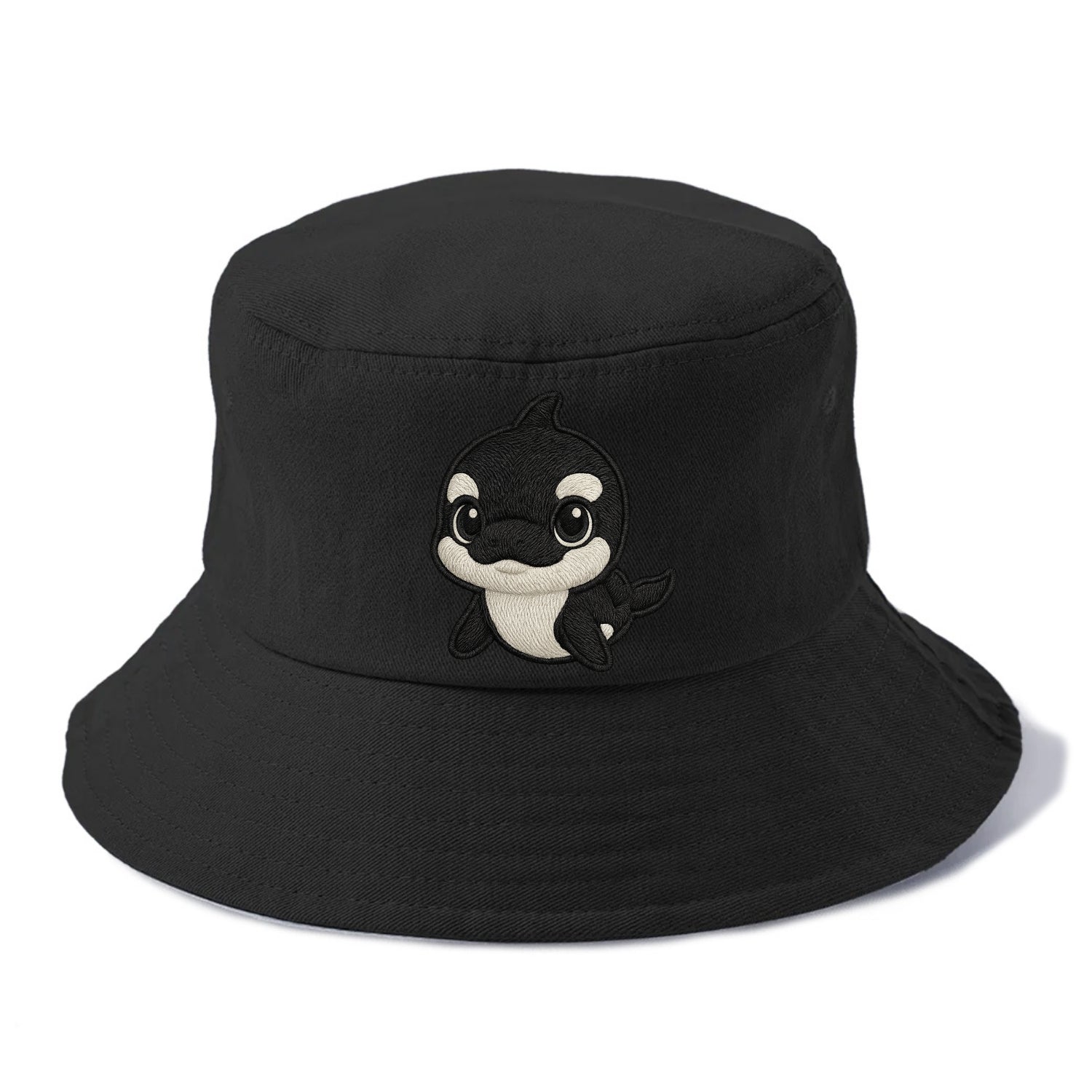 Baby Orca - black and white pattern, white eye patch, front-facing, curious and - Bucket Hat - Black
