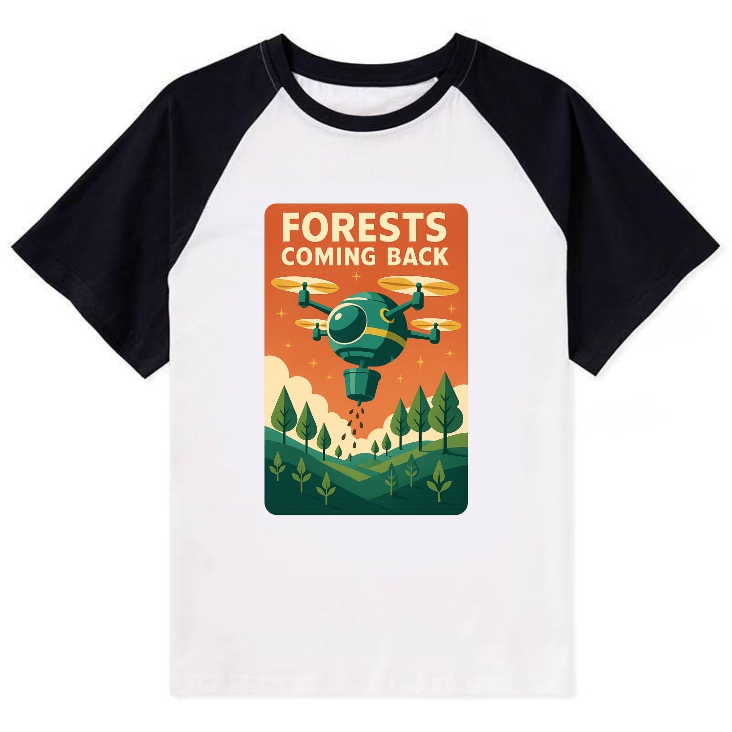 Reforestation drone planting millions of trees - "Forests Coming Back" - - Contrast Raglan T-shirt - Black
