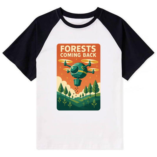 Reforestation drone planting millions of trees - "Forests Coming Back" - - Contrast Raglan T-shirt - Black
