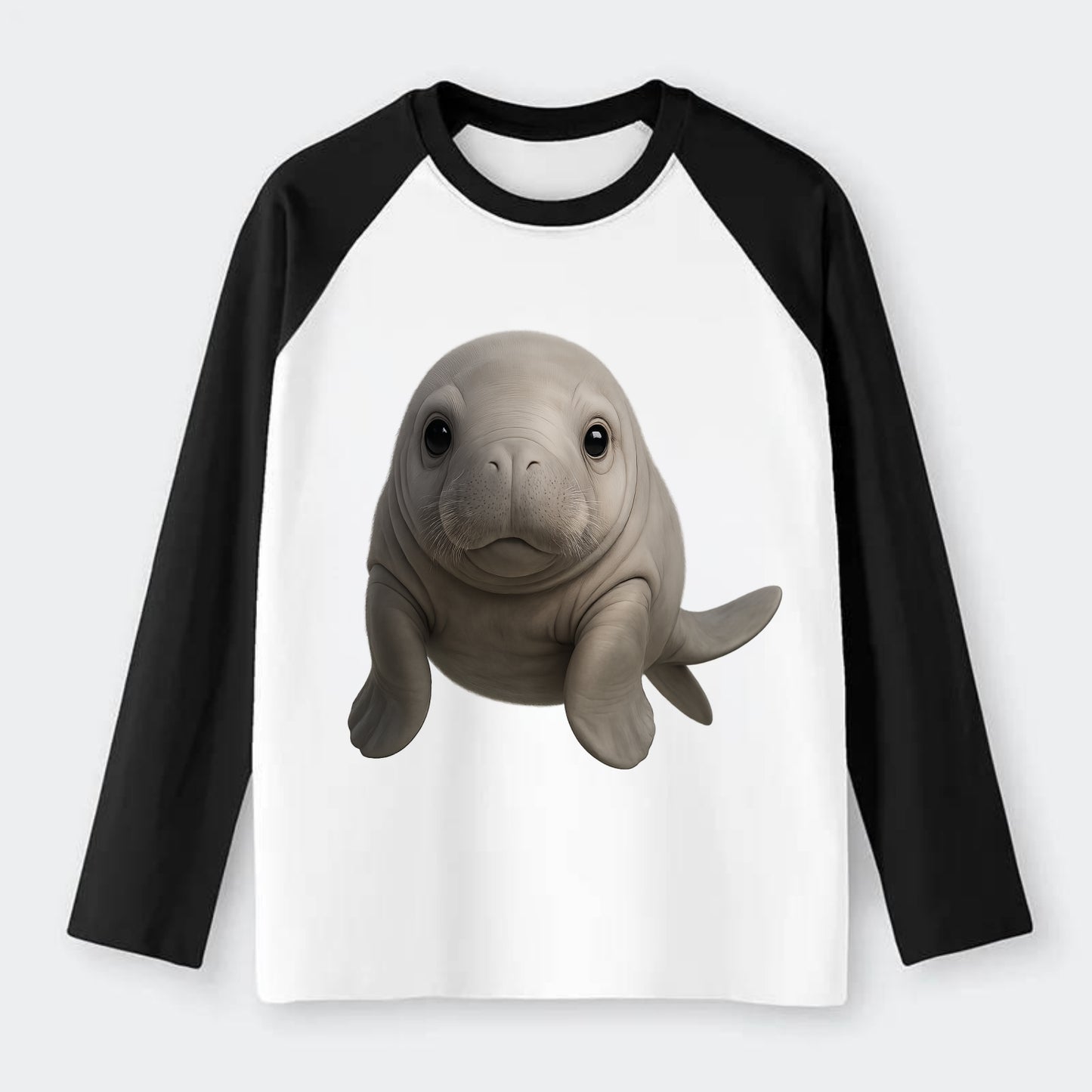 Baby Dugong - gray with paddle tail, gentle expression, whiskers, - Raglan Long Sleeve T-Shirt - Black