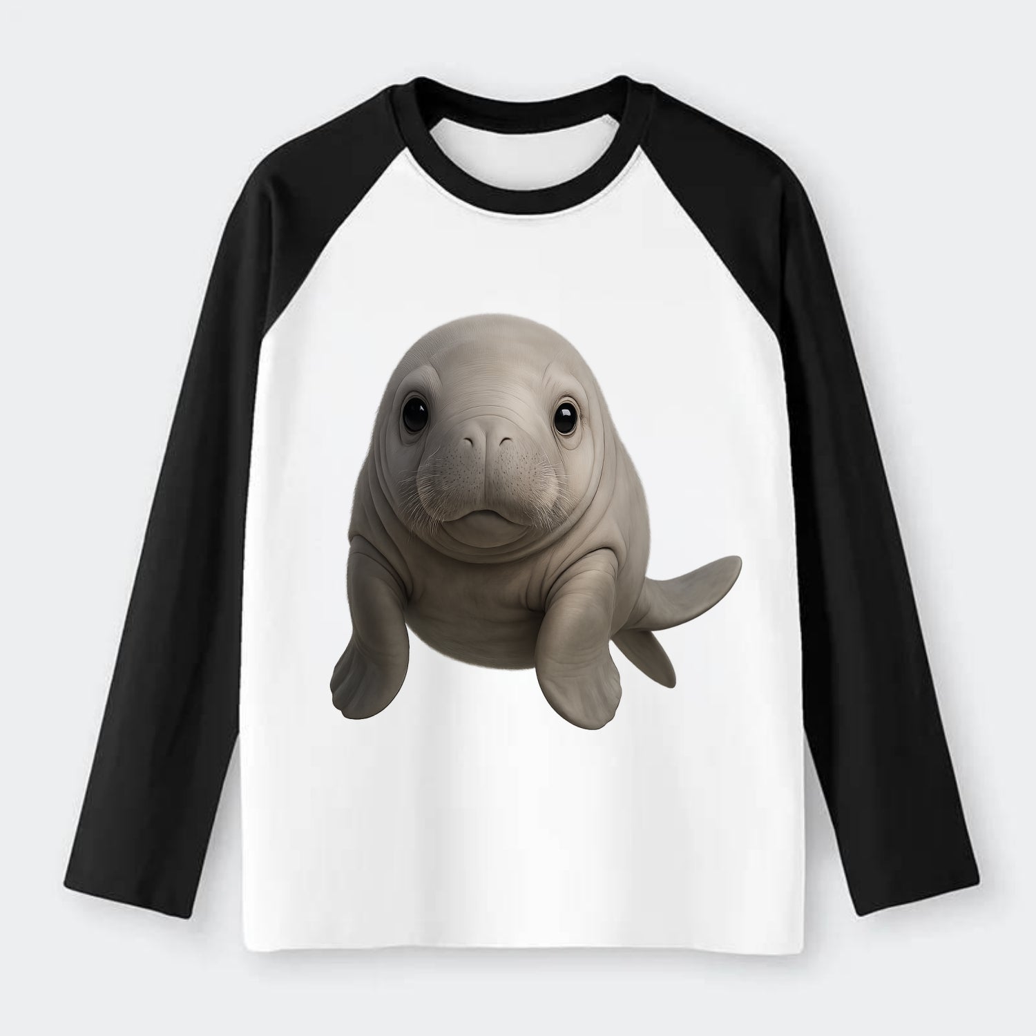 Baby Dugong - gray with paddle tail, gentle expression, whiskers, - Raglan Long Sleeve T-Shirt - Black