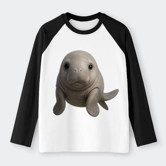 Baby Dugong - gray with paddle tail, gentle expression, whiskers, - Raglan Long Sleeve T-Shirt - Black