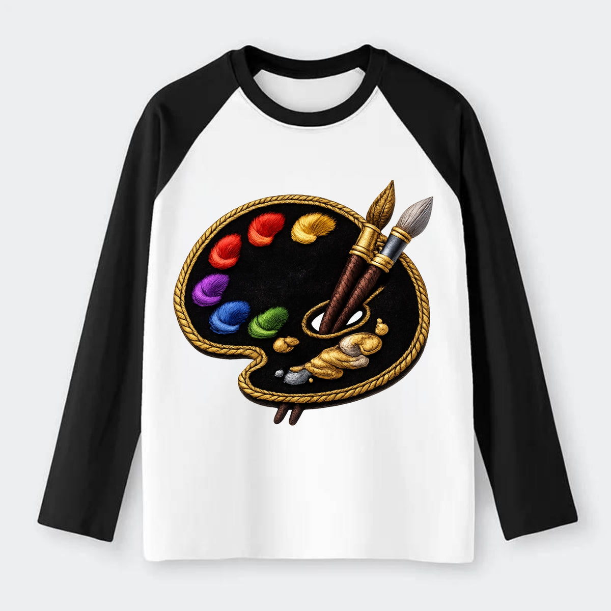 PAINT PALETTE - artist palette with brushes in rainbow and brown , - Raglan Long Sleeve T-Shirt - Black