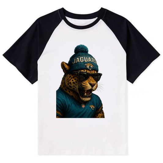 Jacksonville Jaguar wearing Jaguars teal and gold beanie with pom pom and - Contrast Raglan T-shirt - Black