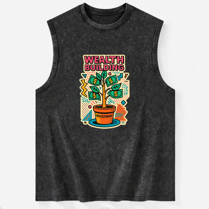 Money tree growing from investment pot - financial independence journey, - Vintage Washed Tank - Black
