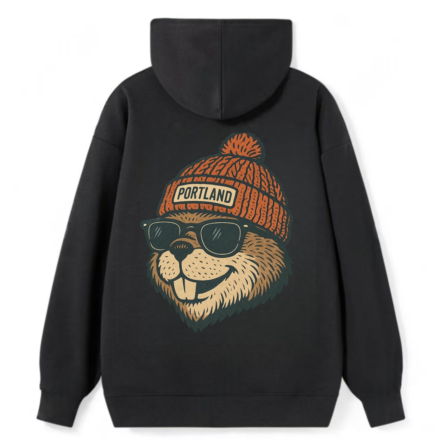 Oregon Beaver wearing Portland beanie with pom pom and wayfarer sunglasses - Classic Pullover Hoodie - Black