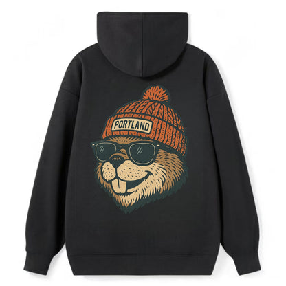Oregon Beaver wearing Portland beanie with pom pom and wayfarer sunglasses - Classic Pullover Hoodie - Black