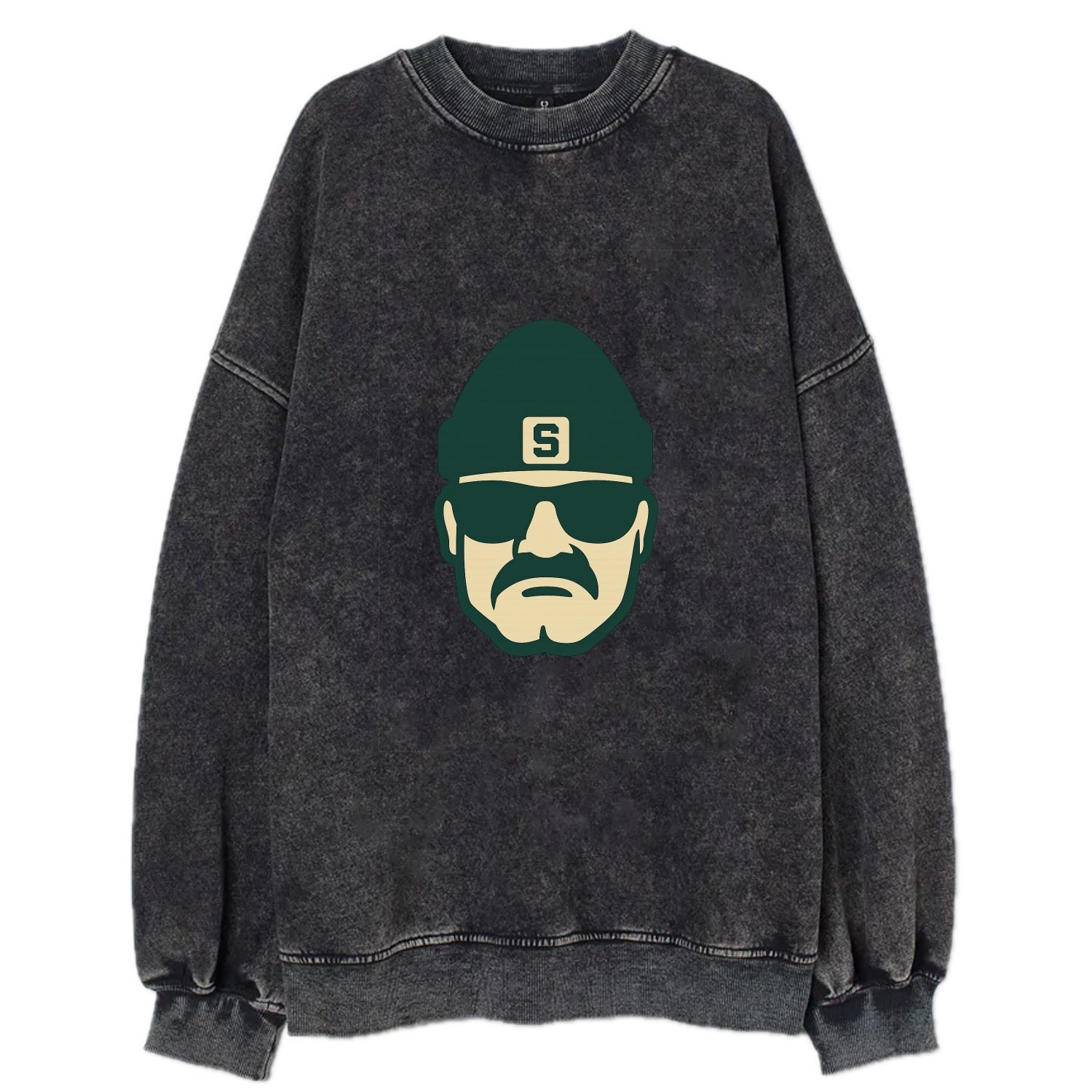 East Lansing Spartan wearing Michigan State beanie with S patch - Vintage Sweatshirt - Black