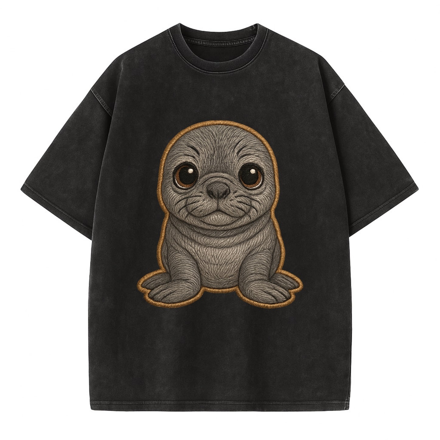 Baby Elephant Seal - gray wrinkly, tiny trunk nose, big dark eyes, front-facing, - Vintage T-shirt - Black