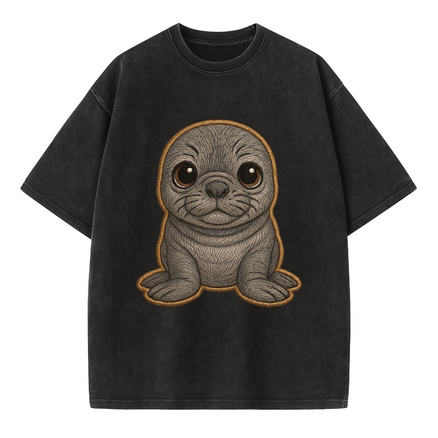 Baby Elephant Seal - gray wrinkly, tiny trunk nose, big dark eyes, front-facing, - Vintage T-shirt - Black