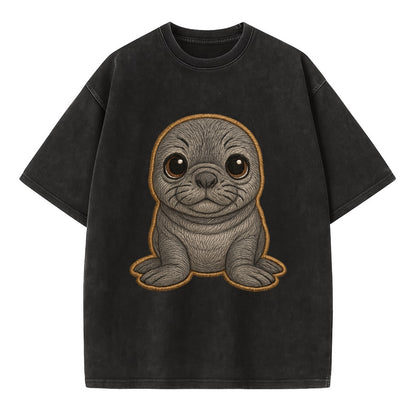 Baby Elephant Seal - gray wrinkly, tiny trunk nose, big dark eyes, front-facing, - Vintage T-shirt - Black