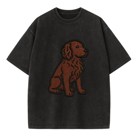 Boykin Spaniel - Rich chocolate brown wavy coat embroidered sitting pose - Vintage T-shirt - Black