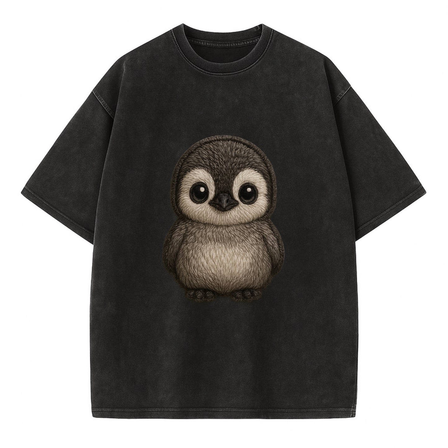Baby Penguin Chick - gray fluffy, white face, round body, front-facing, tuxedo - Vintage T-shirt - Black
