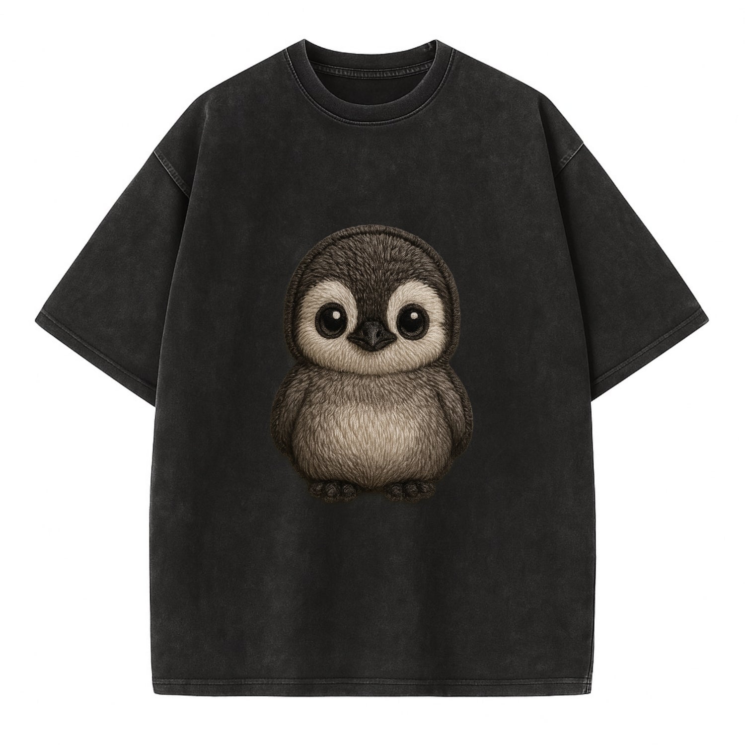 Baby Penguin Chick - gray fluffy, white face, round body, front-facing, tuxedo - Vintage T-shirt - Black