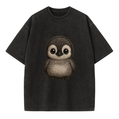 Baby Penguin Chick - gray fluffy, white face, round body, front-facing, tuxedo - Vintage T-shirt - Black