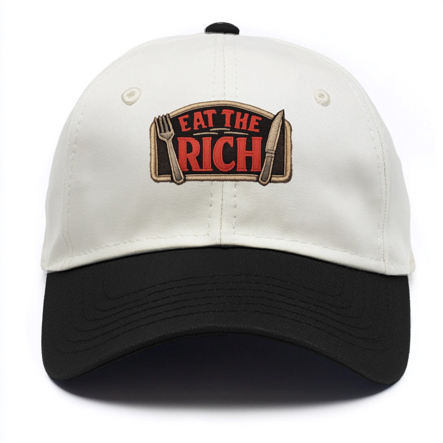 EAT THE RICH - fork and knife with text in red and silver , class war - Two Tone Cap - Black