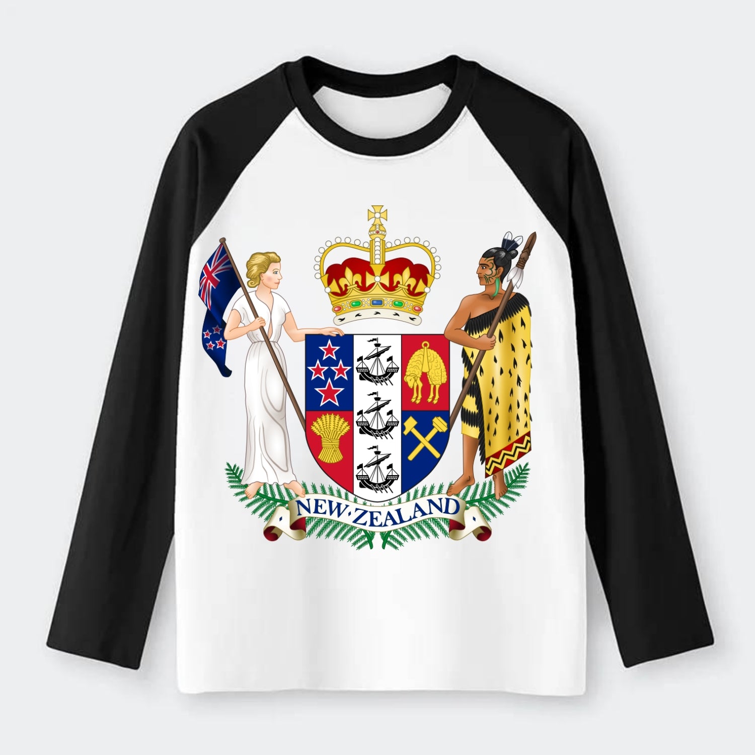Coat Of Arms Of New Zealand - Raglan Long Sleeve T-Shirt - Black