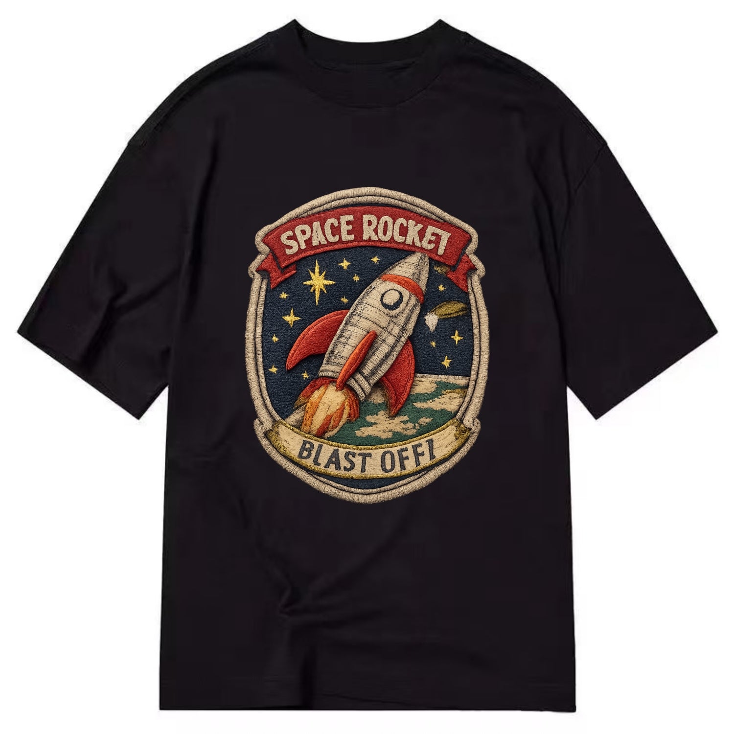 RETRO ROCKET - 1950s space rocket in silver and red , atomic age - Classic T-shirt - Black