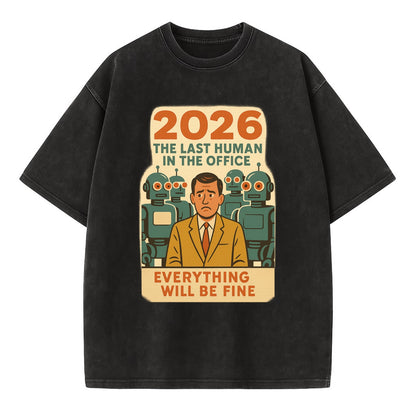 Single human worker surrounded by robot coworkers - "The last human in the office" - Vintage T-shirt - Black
