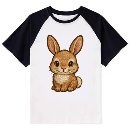 Baby Rabbit - long ears, fluffy white tail, pink nose, large brown eyes, - Contrast Raglan T-shirt - Black