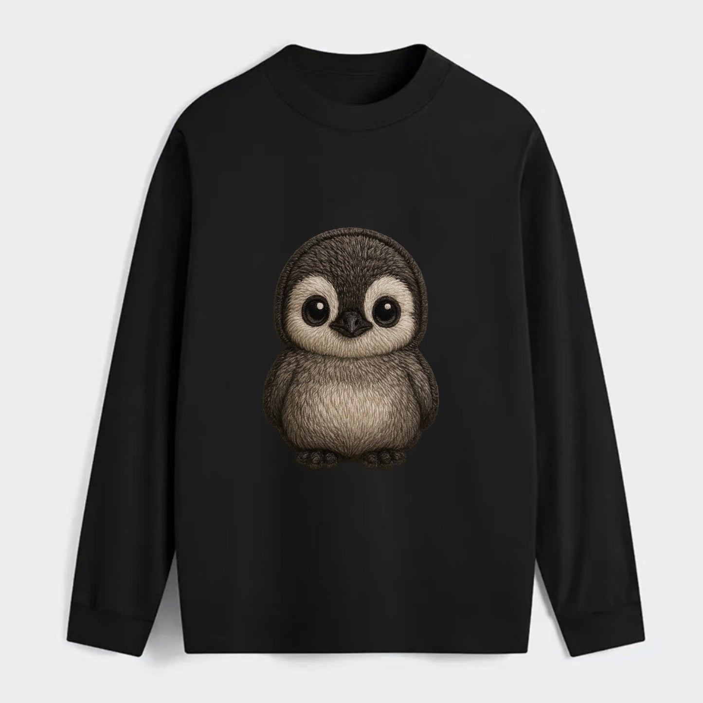 Baby Penguin Chick - gray fluffy, white face, round body, front-facing, - Classic Long Sleeve Shirt - Black