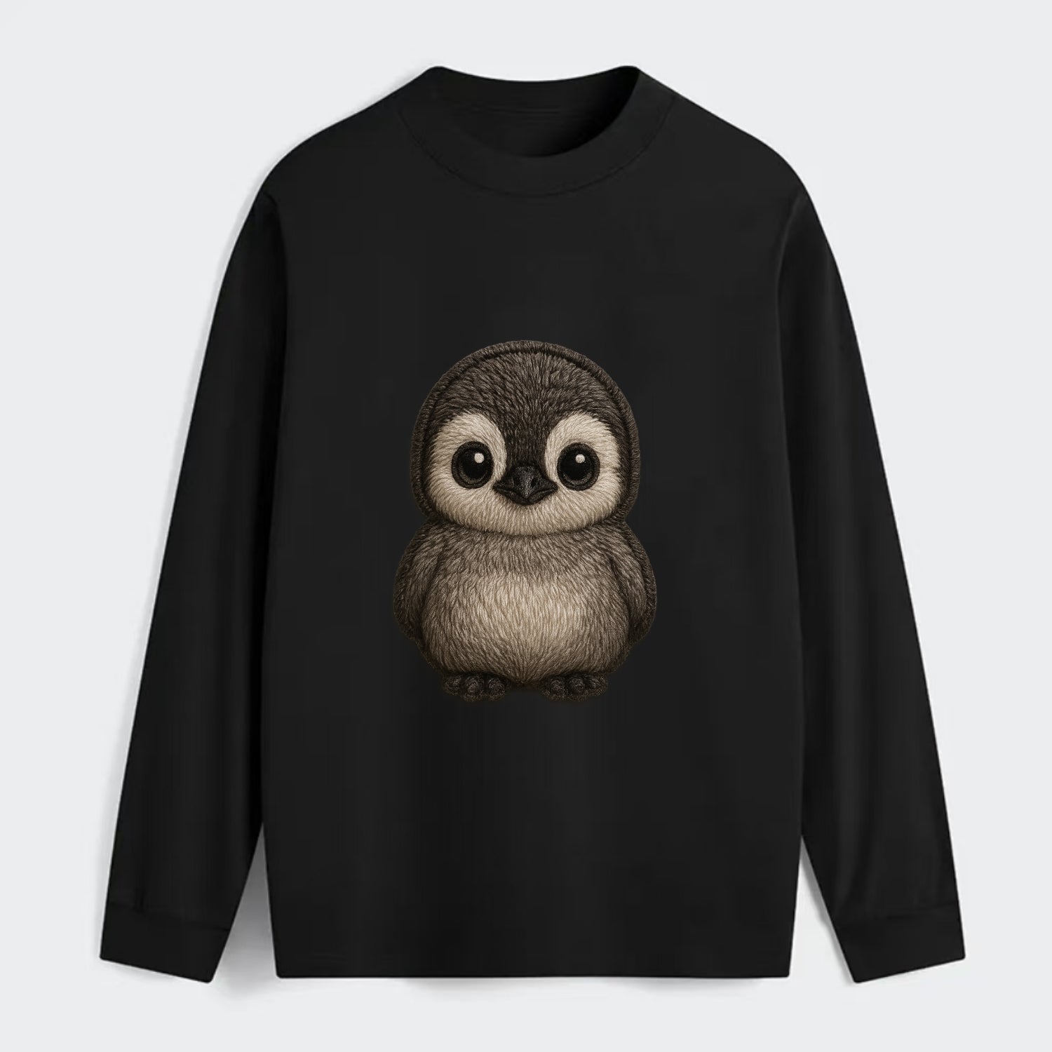 Baby Penguin Chick - gray fluffy, white face, round body, front-facing, - Classic Long Sleeve Shirt - Black
