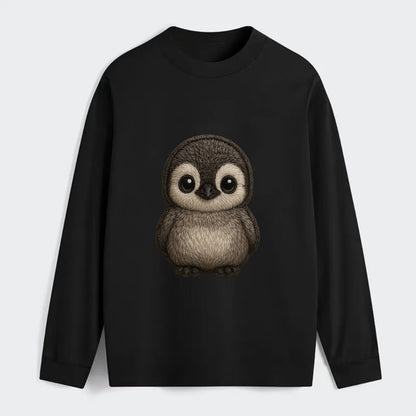 Baby Penguin Chick - gray fluffy, white face, round body, front-facing, - Classic Long Sleeve Shirt - Black
