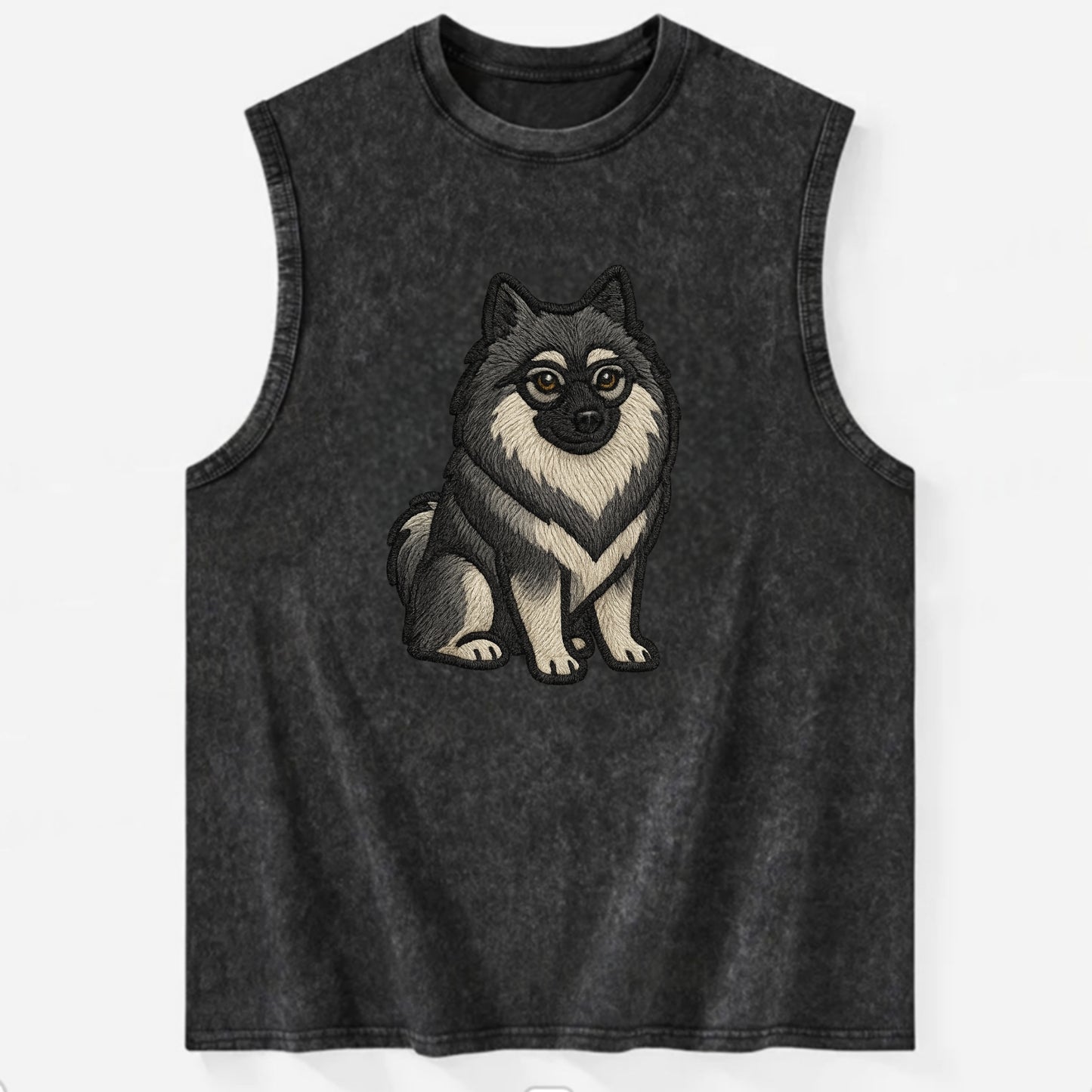 Keeshond - Gray and black spectacles embroidered design - Vintage Washed Tank - Black