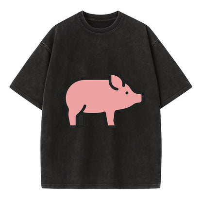 Pig - Pink farm pig flat side profile - Vintage T-shirt - Black