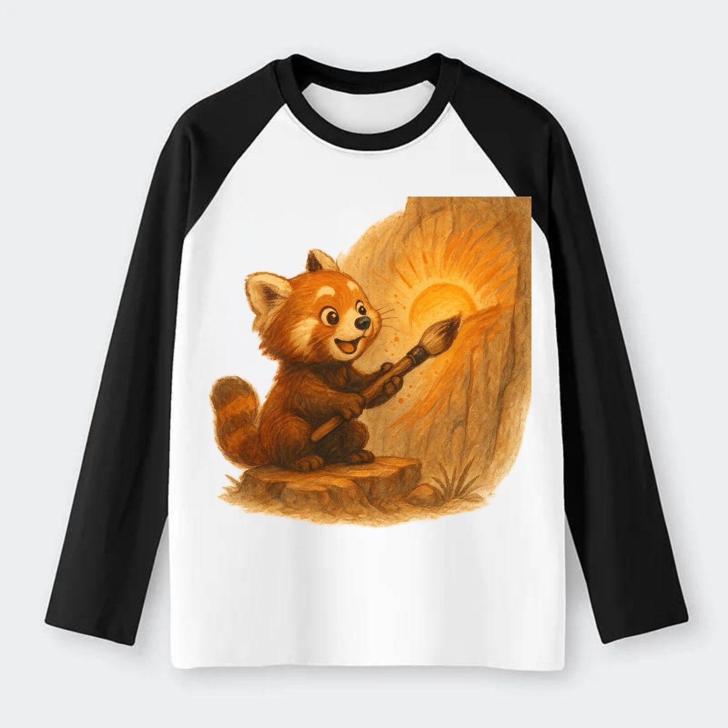 Red panda painting a sunrise mural with an oversized calligraphy brush - Raglan Long Sleeve T-Shirt - Black