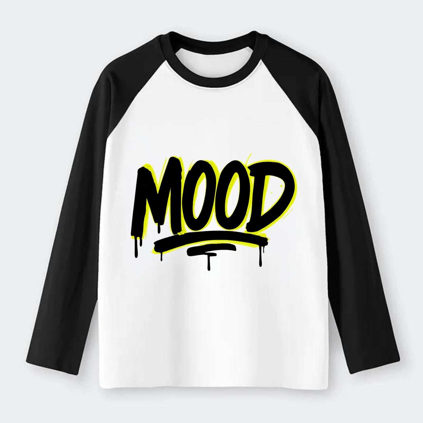 Bold typography design - "MOOD" - current state, feeling it - Raglan Long Sleeve T-Shirt - Black