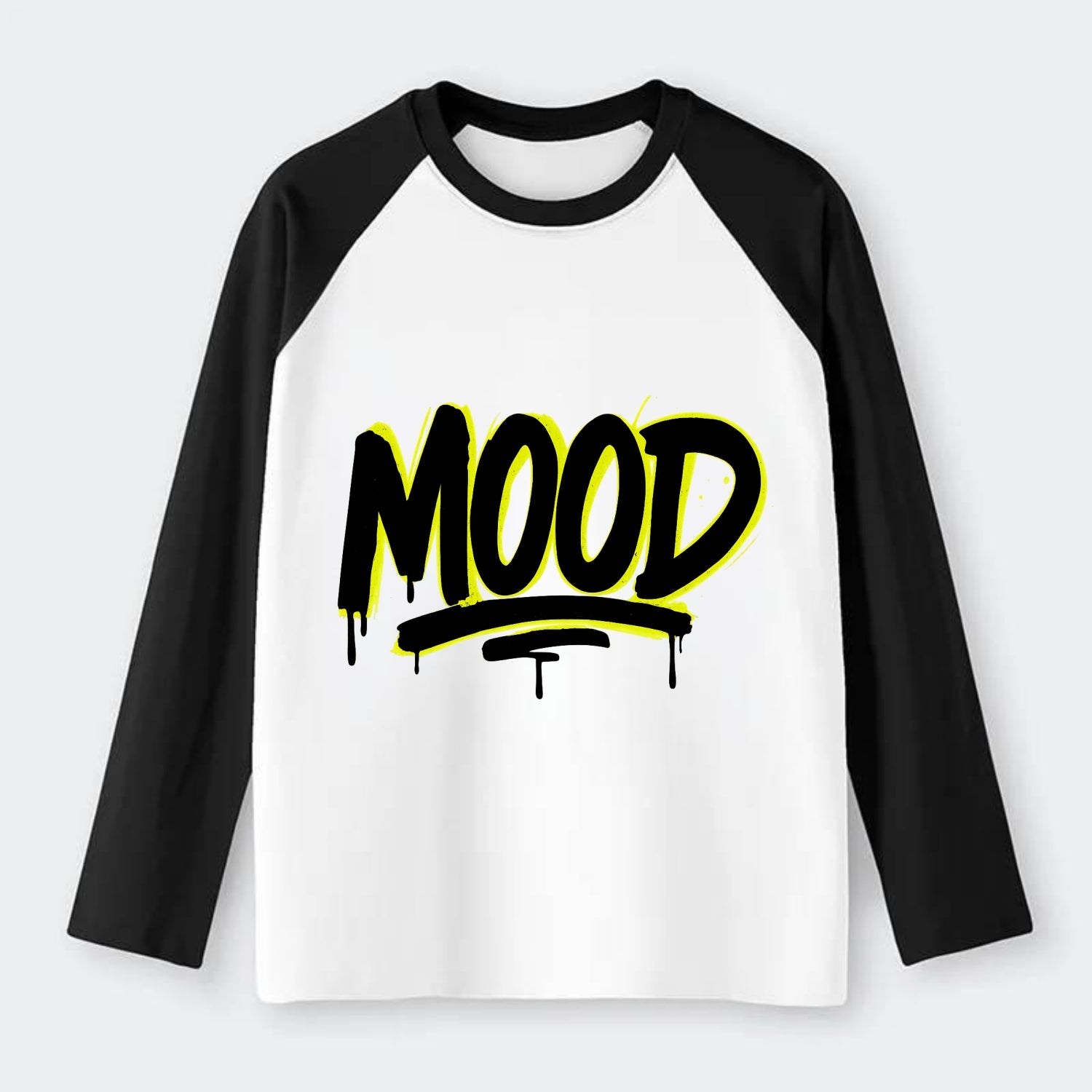 Bold typography design - "MOOD" - current state, feeling it - Raglan Long Sleeve T-Shirt - Black