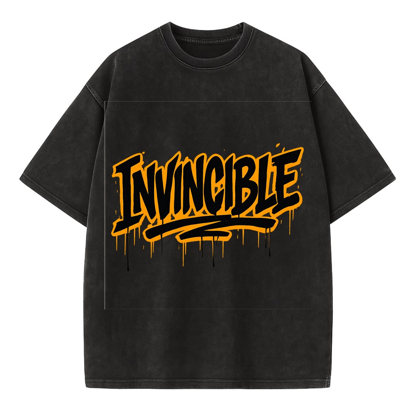 Bold typography design - "INVINCIBLE" - cannot be defeated, unconquerable - Vintage T-shirt - Black