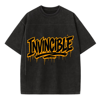 Bold typography design - "INVINCIBLE" - cannot be defeated, unconquerable - Vintage T-shirt - Black