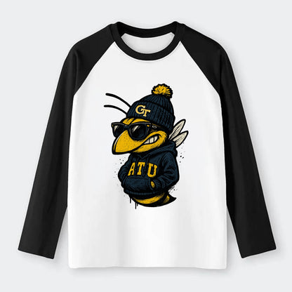 Atlanta Yellow Jacket wearing Georgia Tech beanie with GT patch - Raglan Long Sleeve T-Shirt - Black