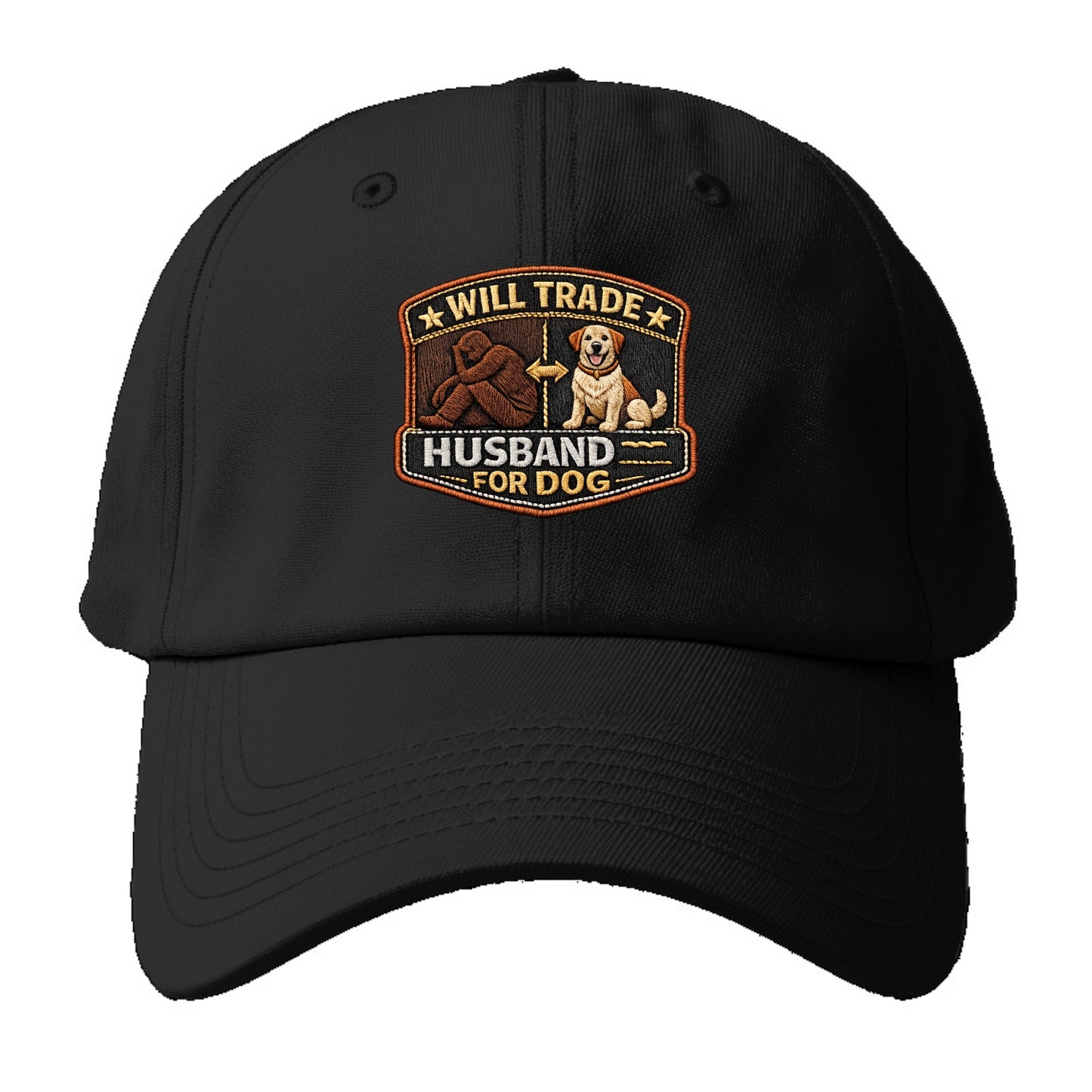 WILL TRADE HUSBAND FOR DOG - dog and man silhouette in brown , pet priority - Baseball Cap - Black