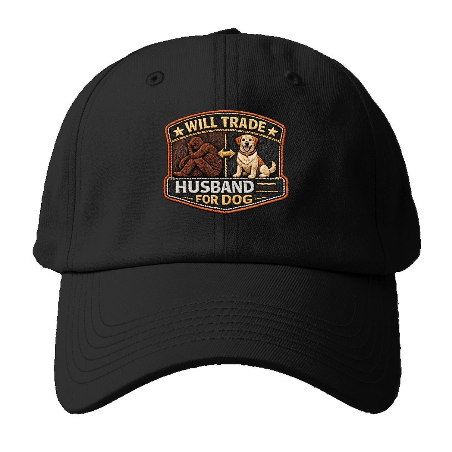 WILL TRADE HUSBAND FOR DOG - dog and man silhouette in brown , pet priority - Baseball Cap - Black
