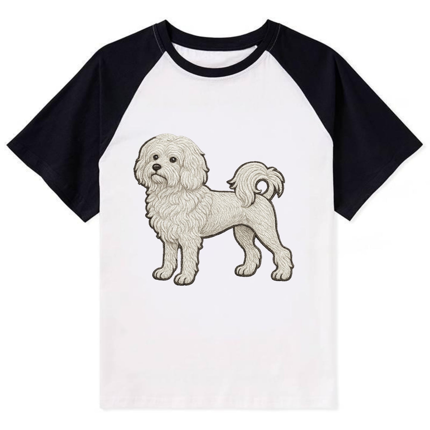 Löwchen - Little Lion Dog white embroidered pose - Contrast Raglan T-shirt - Black