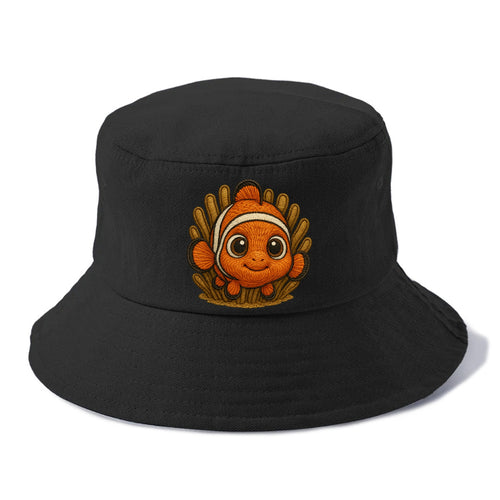 Baby Clownfish - orange with white stripes, big round eyes, front-facing in anemone, - Bucket Hat