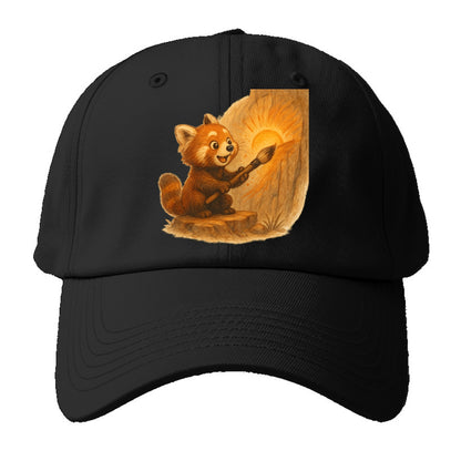 Red panda painting a sunrise mural with an oversized calligraphy brush - Baseball Cap For Big Heads - Black