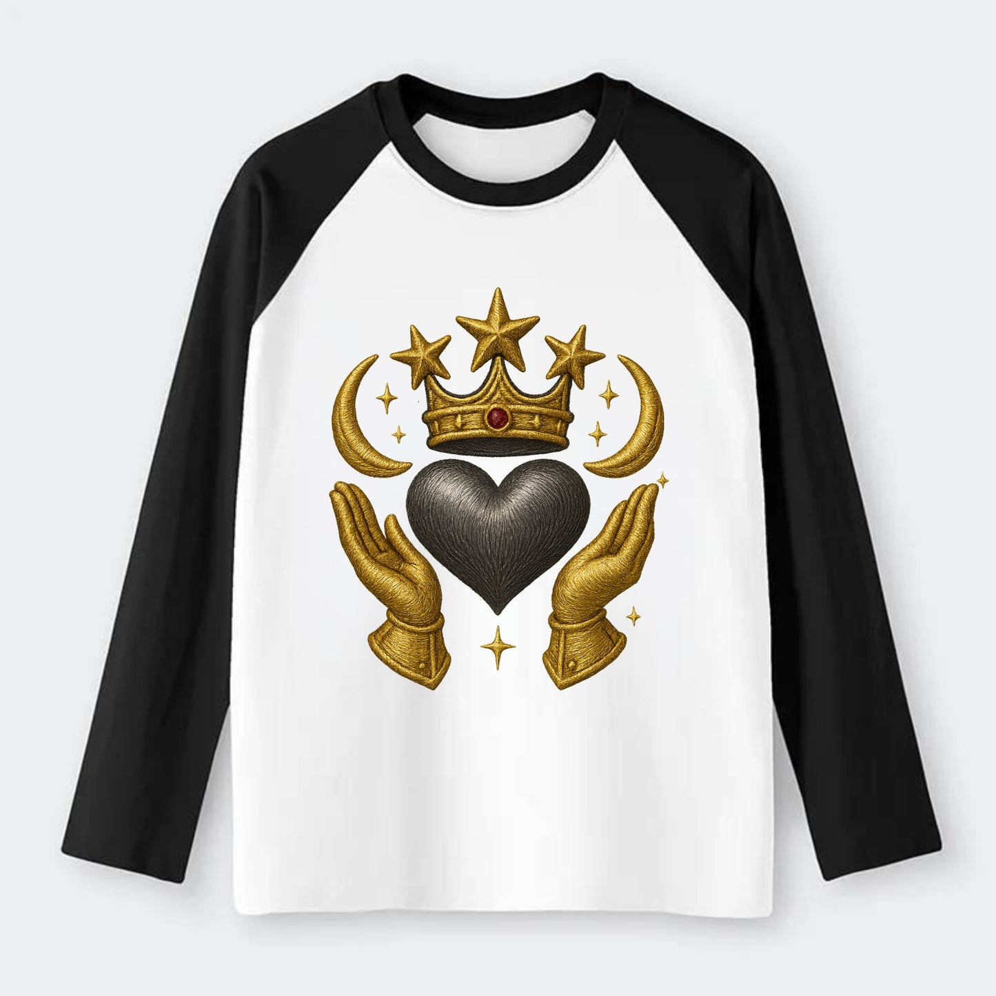 Sun goddess crown radiating golden rays over a midnight heart with - Raglan Long Sleeve T-Shirt - Black
