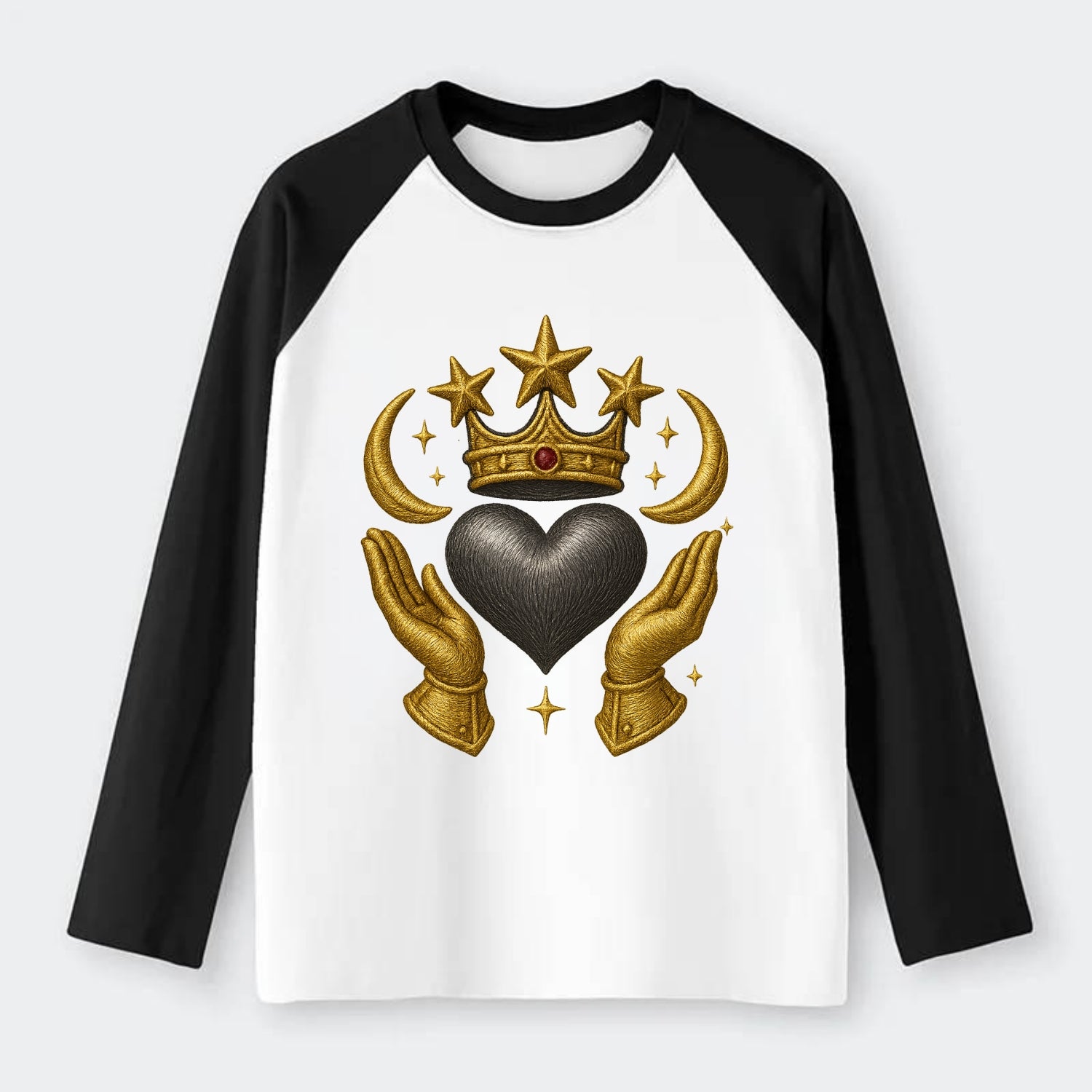 Sun goddess crown radiating golden rays over a midnight heart with - Raglan Long Sleeve T-Shirt - Black