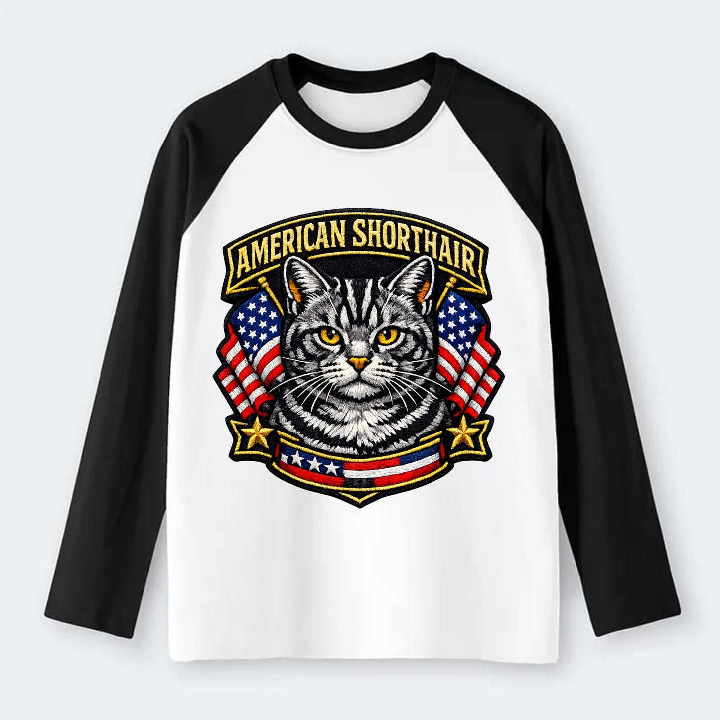 AMERICAN SHORTHAIR - classic american cat in silver tabby , - Raglan Long Sleeve T-Shirt - Black