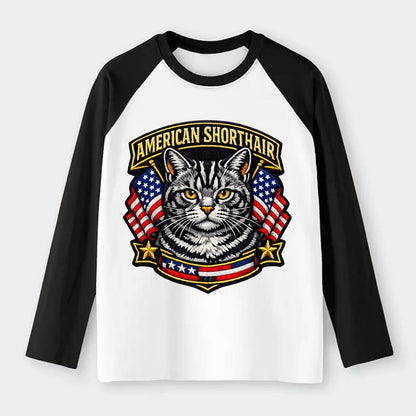 AMERICAN SHORTHAIR - classic american cat in silver tabby , - Raglan Long Sleeve T-Shirt - Black