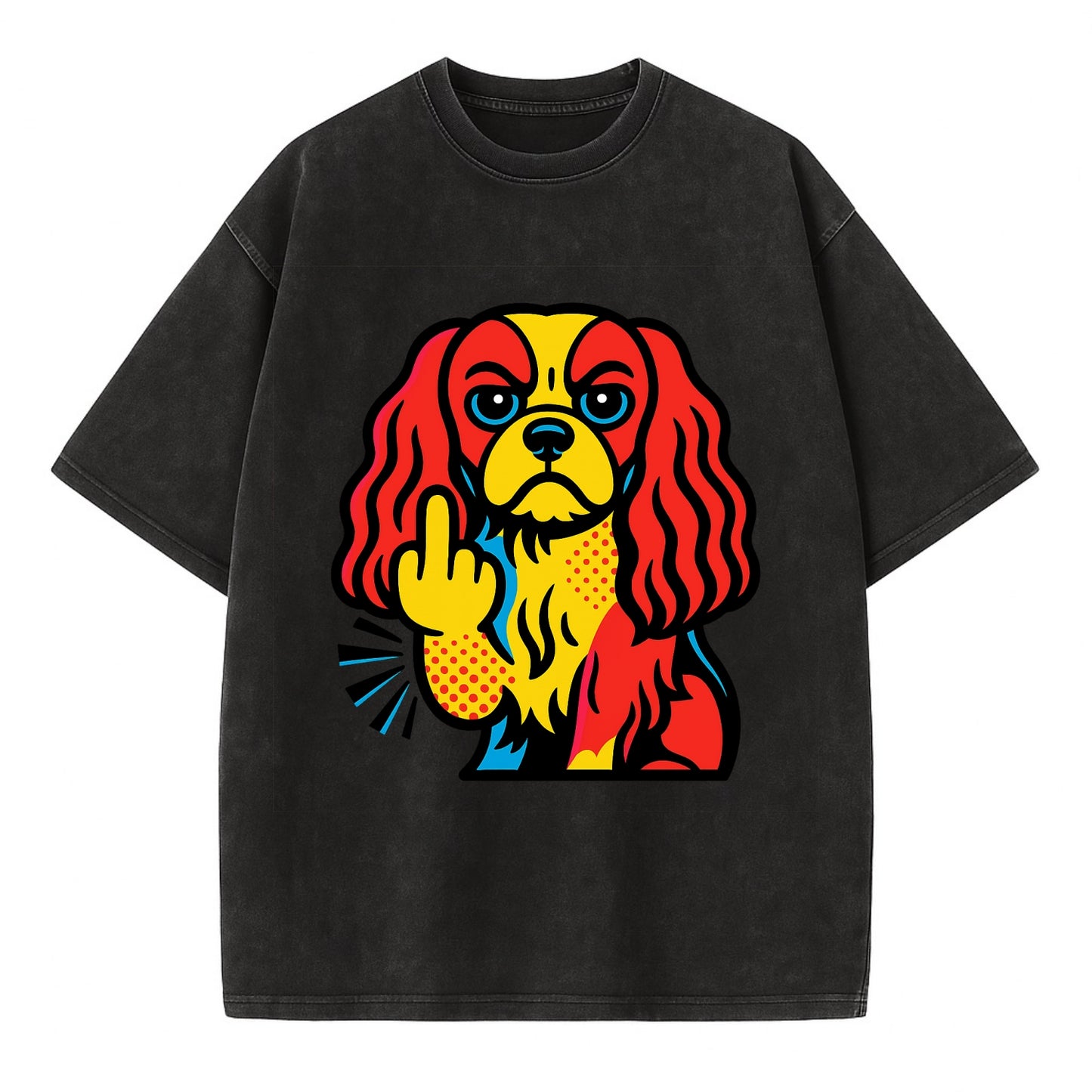 Cavalier King Charles Spaniel with long ears, regal paw giving finger - Vintage T-shirt - Black