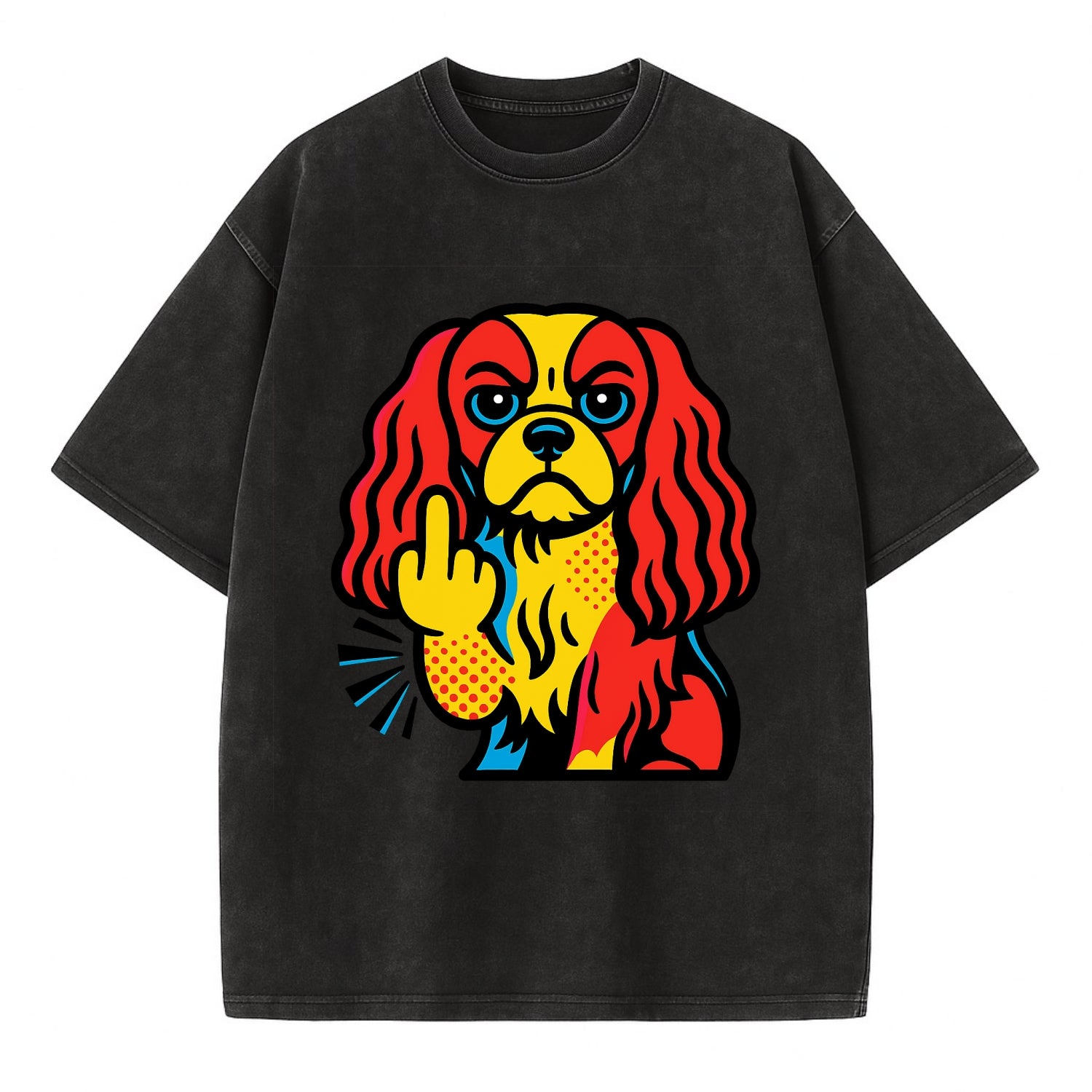 Cavalier King Charles Spaniel with long ears, regal paw giving finger - Vintage T-shirt - Black