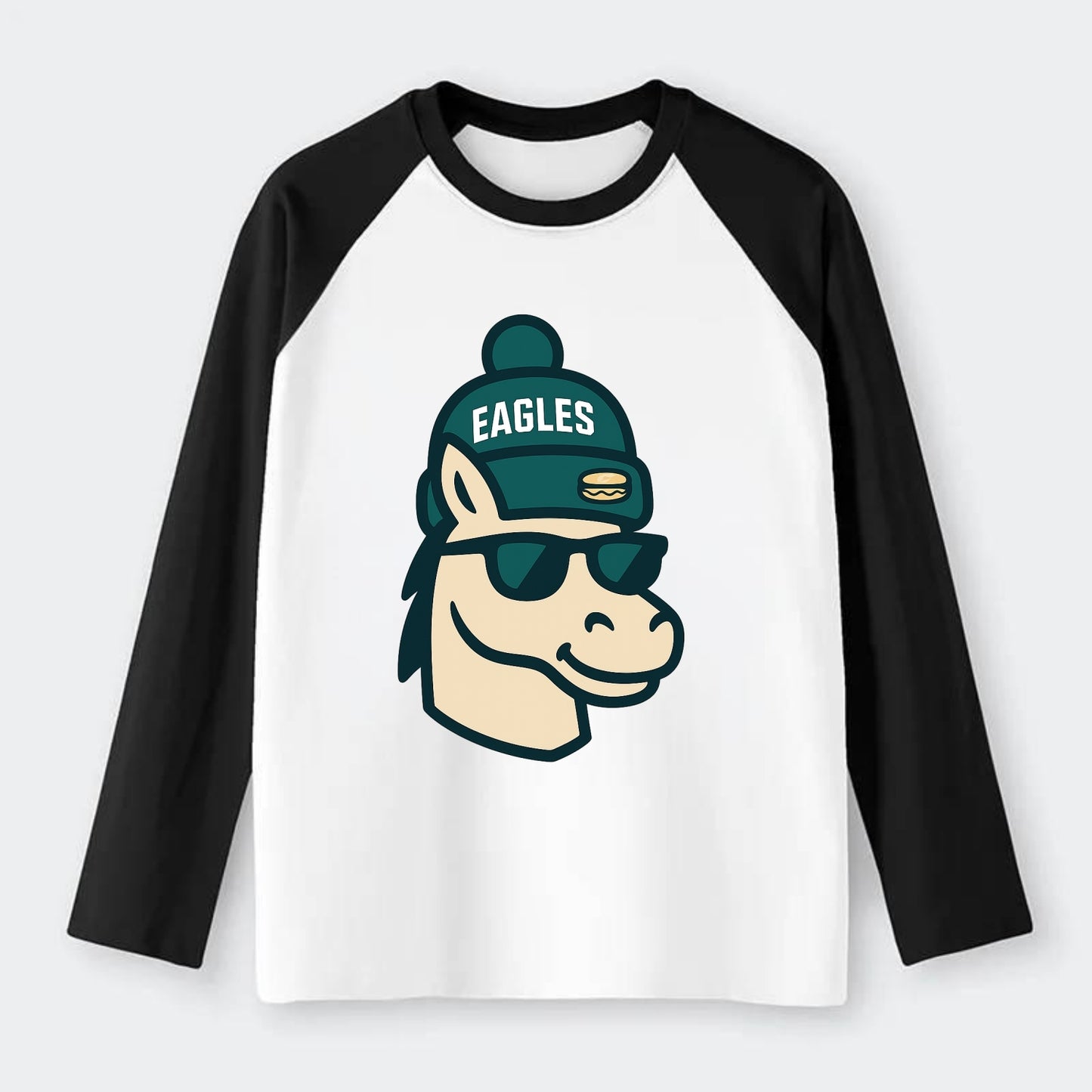Philadelphia Horse wearing Eagles beanie with cheesesteak patch and - Raglan Long Sleeve T-Shirt - Black